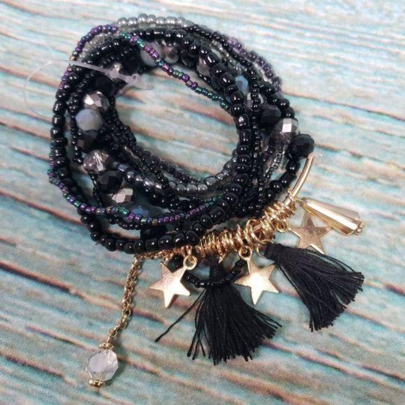 Multi Strand Beaded Stacking Bracelets Layering Boho Black NWT - Picture 2 of 4